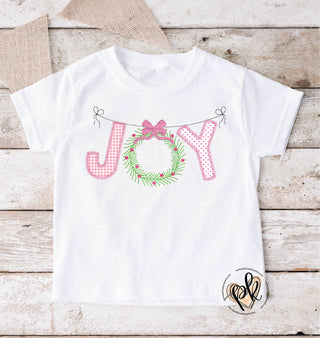 DTG  graphic tshirt  JOY  Christmas  Merry Christmas  Popular Christmas  christmas colors  faux embroidery  cute  peachy keen prints  trendy  trending  popular  wreath  holly wreath  berries  bow  youth  youth size  KIDS  adult  Mommy and Me