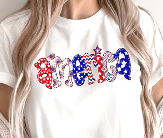 USA  trendy  Summer screen printed design  stars and stripes  star  red White and blue  ready to press  peachy keen prints  patriotic statements  patriotic  original  Military  Independence  god bless america  full color  Freedom  exclusive  DTF Transfer  DTF Printed Design  DTF  cute  blue star  american flag  american  America  4th of July  hand drawn  patterned letters