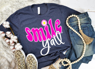 exclusive  original  short sleeve tee  Navy Blue  navy  heather navy  smile yall  bright colors  bright  colorful  with daisies  daisies  daisy  trending  t-shirt  screen printed  sayings  popular  phrases  phrase  peachy keen prints  cute