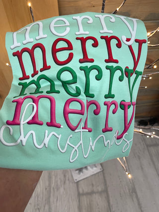 trendy  trending  ready to press  popular  pink  peachy keen prints  merry christmas  happy holidays  green  fun  DTF Transfer  DTF  cute  christmas trees  christmas  applique look  faux puff  Stacked Words  merry stacked wording  green red pink