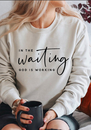 in the waiting god is working  trendy  trending  Screen Printed Transfer  Screen Printed Design  Screen Print Transfer  Sayings  Saying  religious  ready to press  Quote  popular  Phrases  Phrase  peachy keen prints  faith  christian faith  christian  bible verse