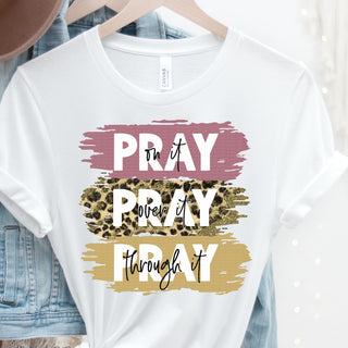 pray on it pray over it pray through it DTF Transfer soft ink leopard print DTF print transfer ready to press Do it yourself peachy keen prints cheetah print gold pink faith cute just pray girl religious christian faith on white Bella canvas short sleeve tshirt