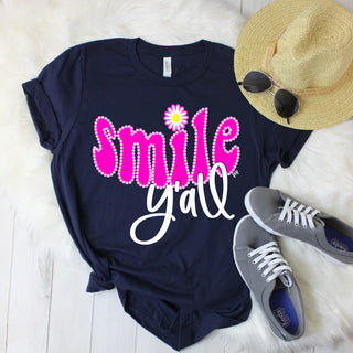 exclusive  original  short sleeve tee  Navy Blue  navy  heather navy  smile yall  bright colors  bright  colorful  with daisies  daisies  daisy  trending  t-shirt  screen printed  sayings  popular  phrases  phrase  peachy keen prints  cute
