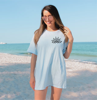 trending  t-shirt  swimsuit coverup  sunshine on my mind  short sleeve  screen printed  sayings  popular  pocket size print  phrases  phrase  peachy keen prints  lounge shirt  fun summer colors  full back  cute  black ink  best seller