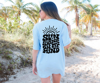 trending  t-shirt  swimsuit coverup  sunshine on my mind  short sleeve  screen printed  sayings  popular  pocket size print  phrases  phrase  peachy keen prints  lounge shirt  fun summer colors  full back  cute  black ink  best seller