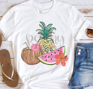 colorful summer fruit cute screen print transfers high heat soft ink ready to press peachy keen prints watermelon pineapple coconut with straw tropical flowers glitter bright colors pink green yellow on white Bella canvas short sleeve tshirt 