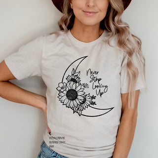 simplistic  simple  Screen Printed Transfer  Screen Printed Design  Screen Printed  Screen Print Transfer  Sayings  Saying  powerful  Phrases  Phrase  never stop looking up  motivational  moon phase  moon line art  inspiriational  inspire  floral moon  cute  Black